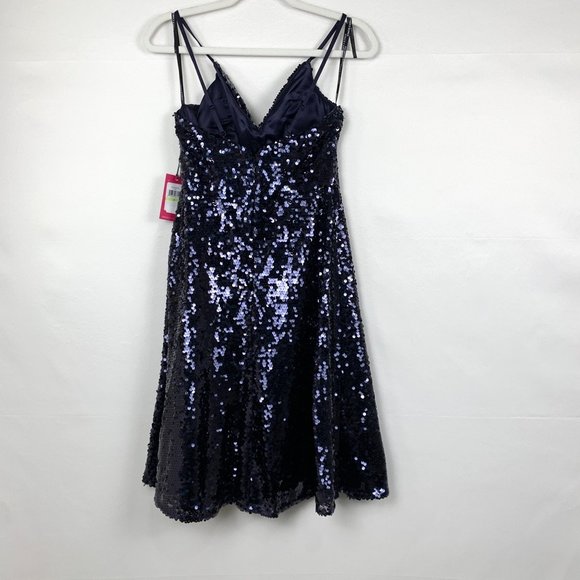 NWT Vince Camuto Sequin Fit & Flare Party V-Neck Mini Cocktail Dress Navy Blue 4 - Picture 10 of 12